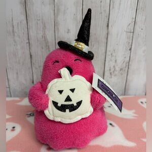 Ghoulish Halloween Bright Pink Ghost Witch Plush Holding Pumpkin NWT